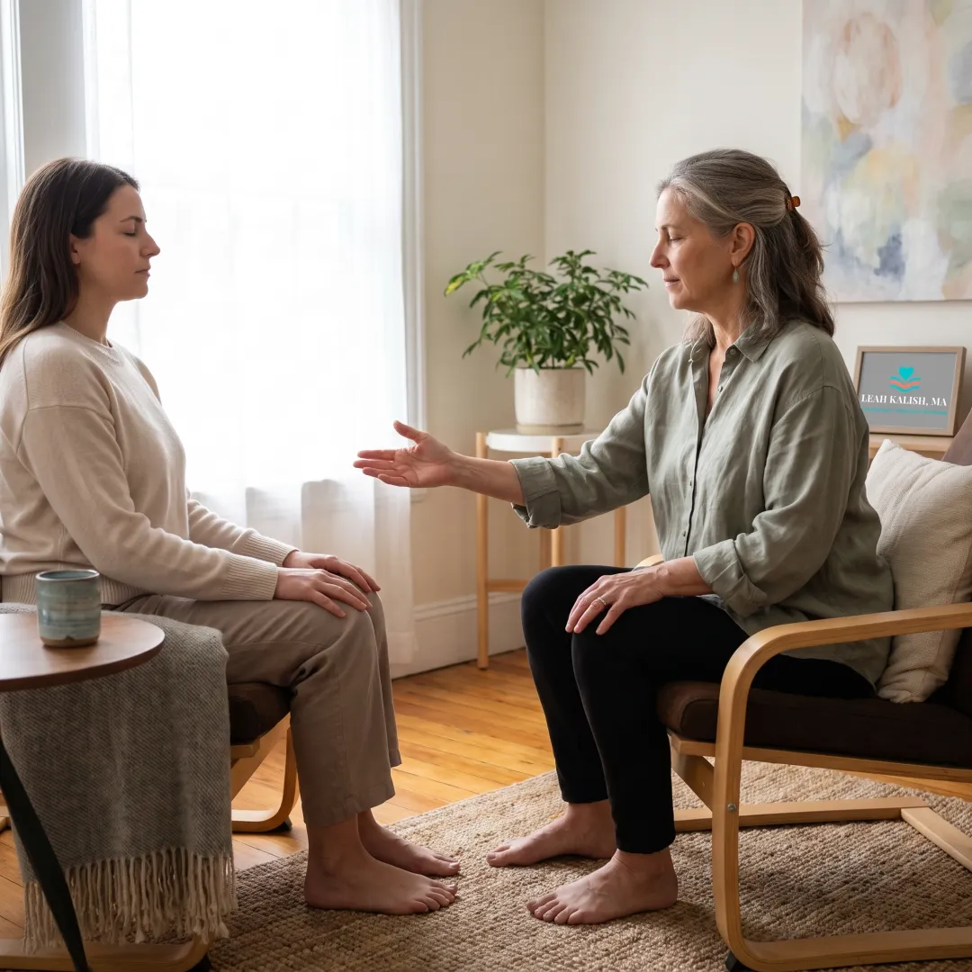 Client practicing body awareness with a therapist