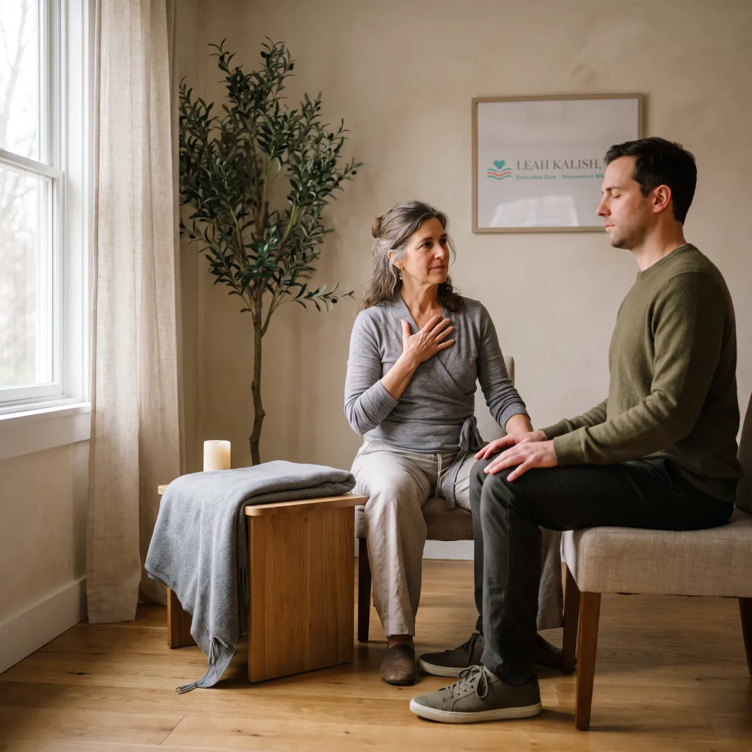 Practitioner guiding a client through a grounding exercise