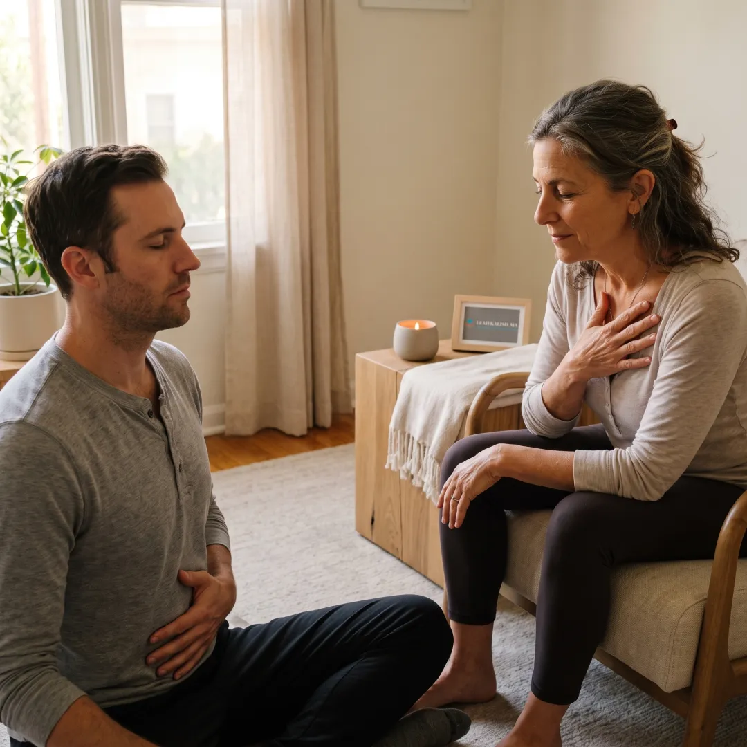 Practitioner guiding a client through gentle embodied reflection