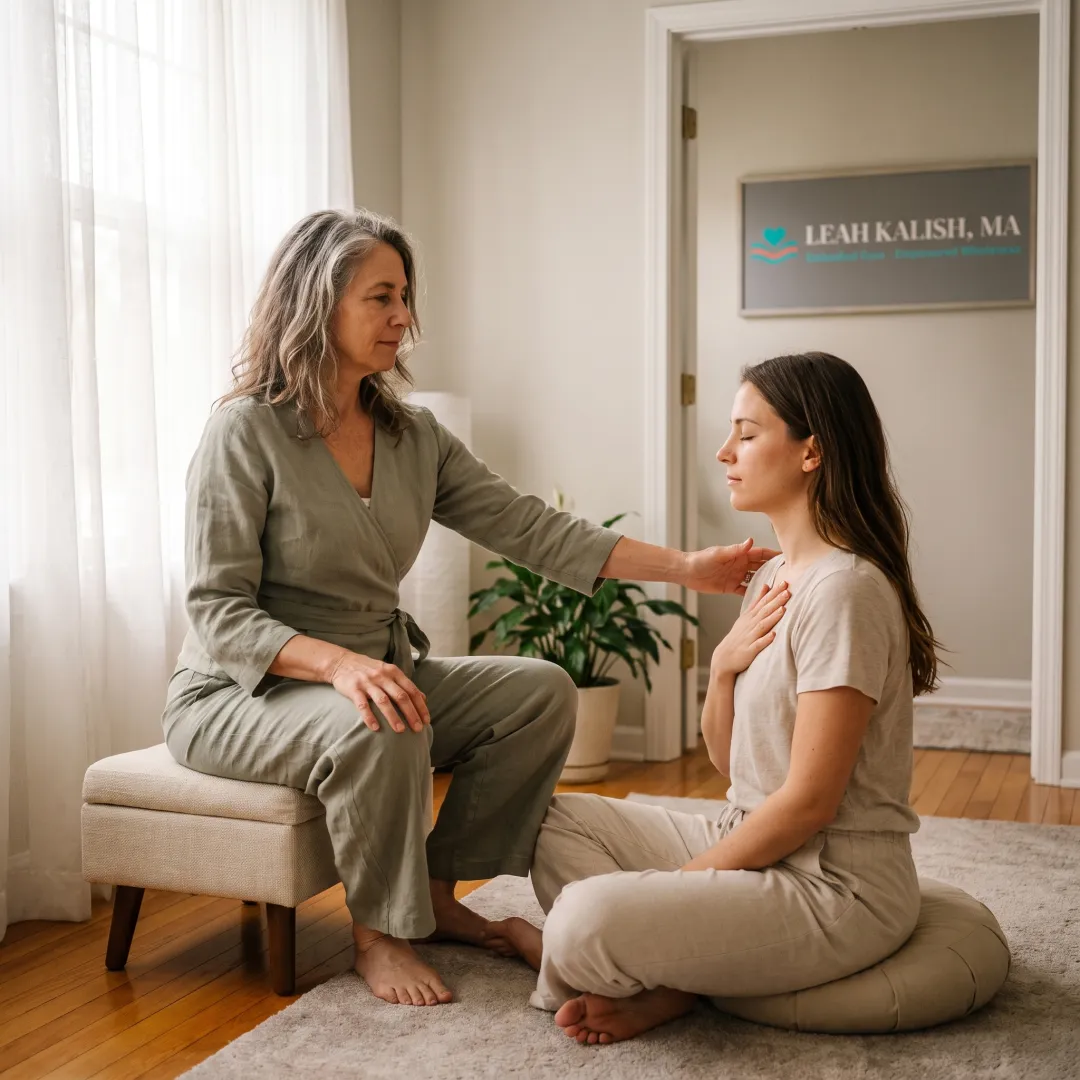 Facilitator guiding a client in a calming somatic session