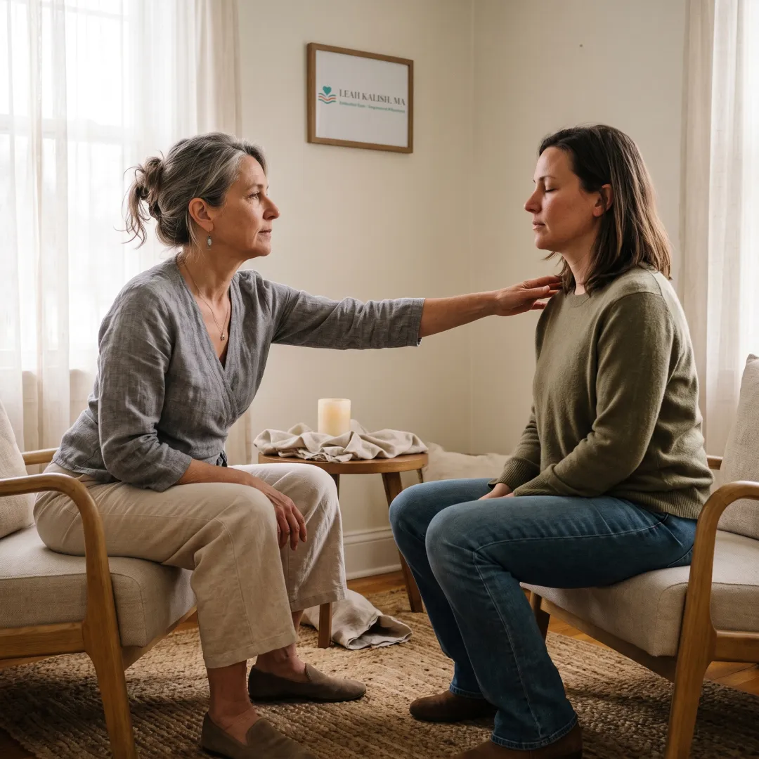 Practitioner providing gentle body-based support in a calm session