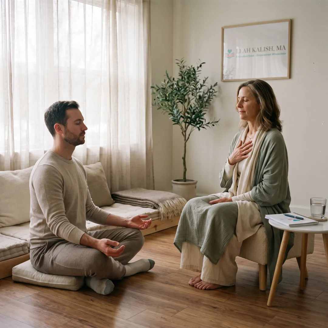 Practitioner and client in a calm somatic session
