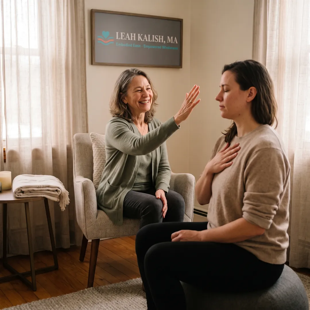 Practitioner guiding a calming somatic exercise