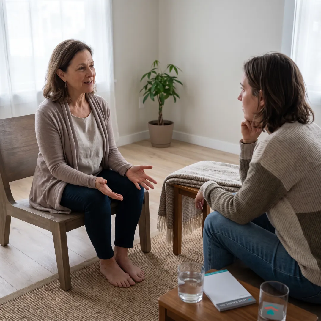 Practitioner speaking with client during somatic therapy