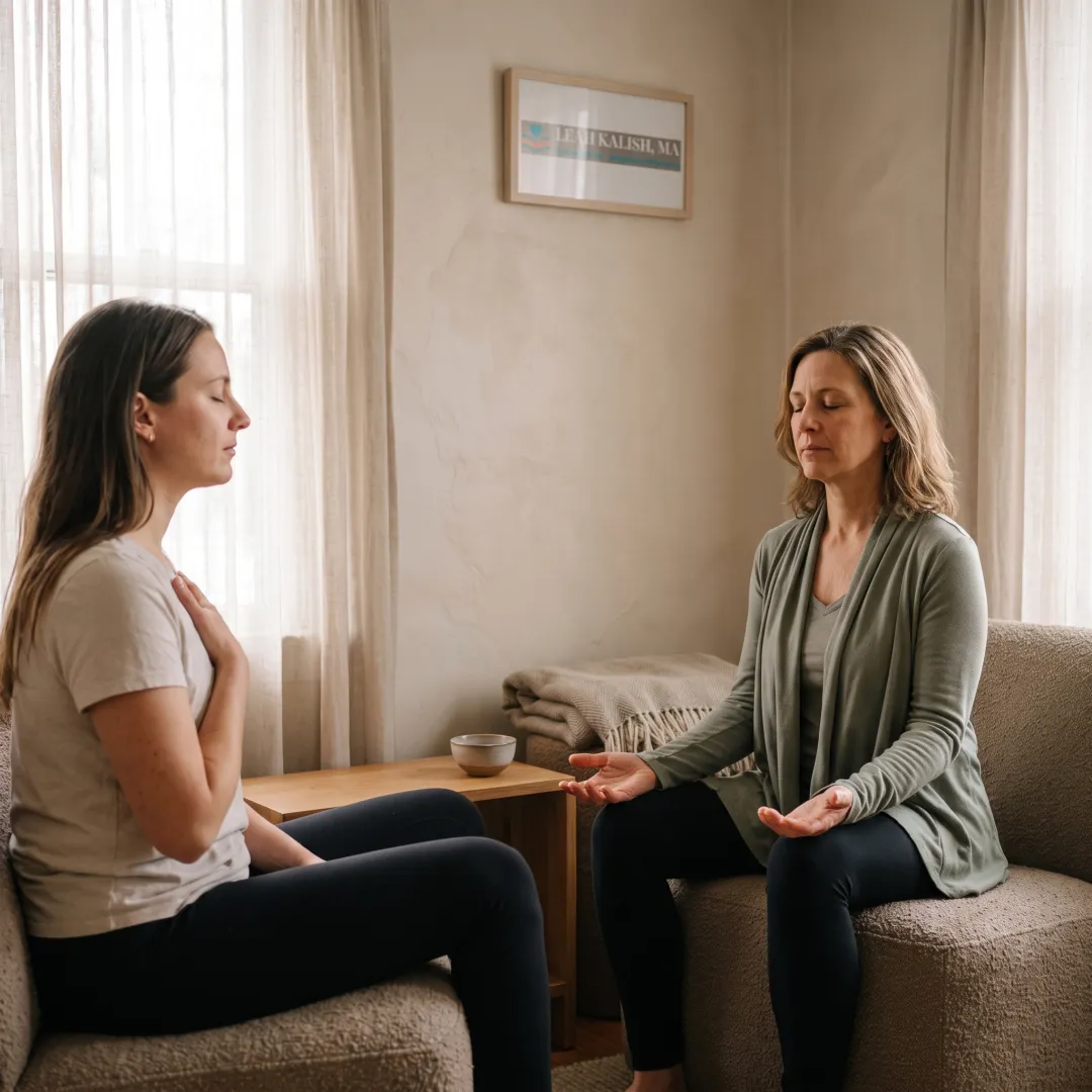 Practitioner and client in a peaceful somatic coaching session