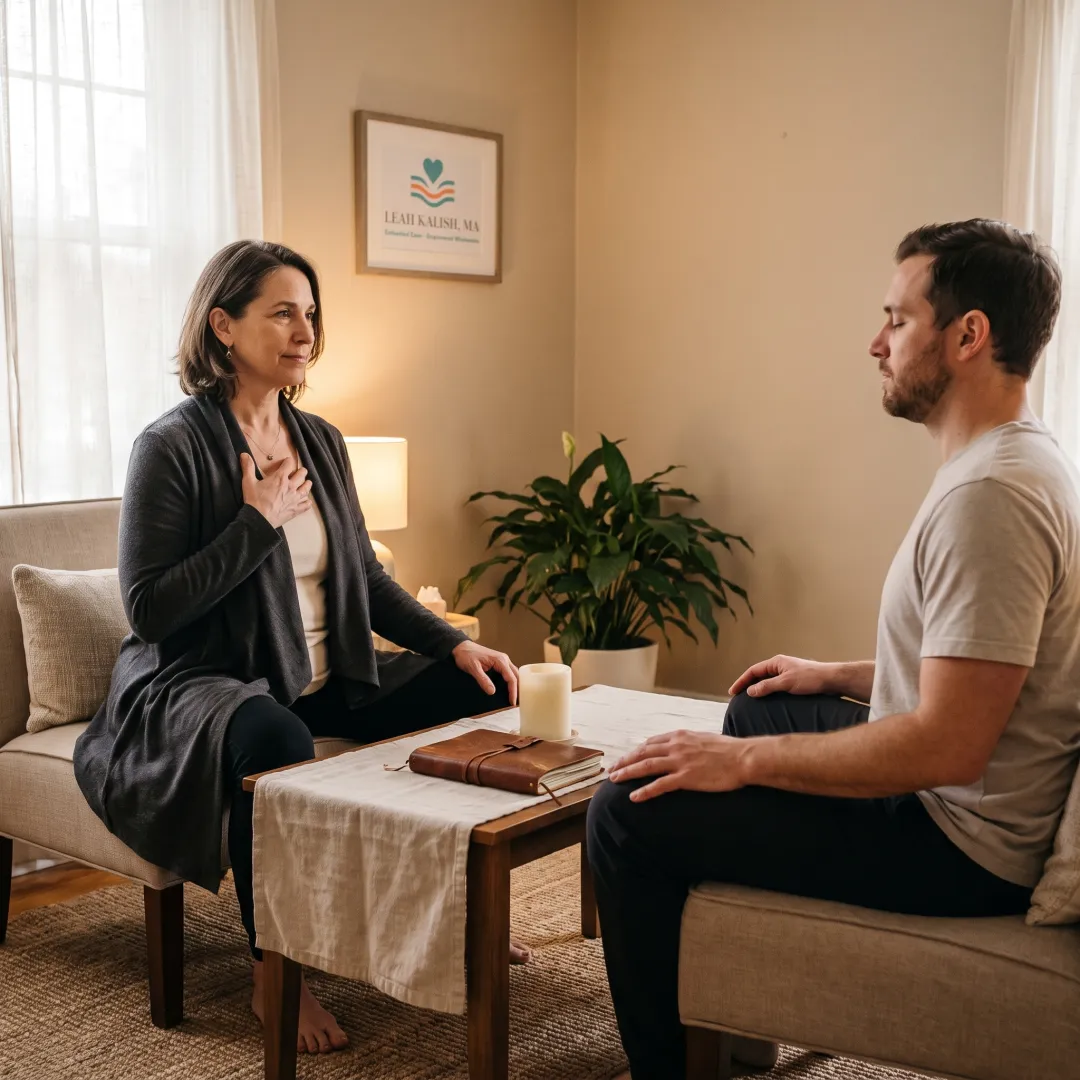 Practitioner guiding a client through body awareness