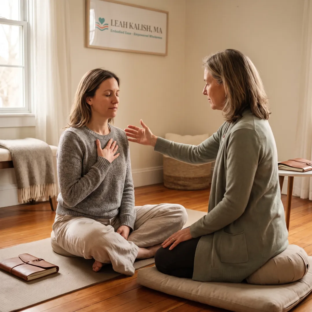 Client in a grounded somatic coaching session