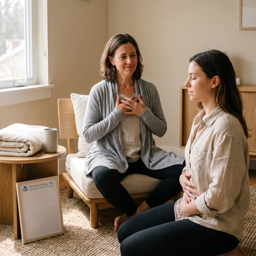 Practitioner supporting a calm body-awareness exercise