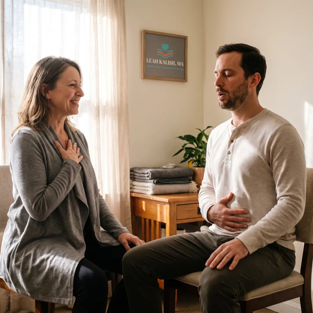 Practitioner guiding a client through somatic coaching