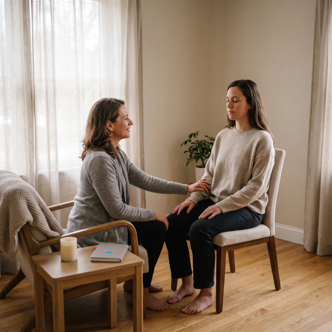 Practitioner guiding a calming body-awareness exercise