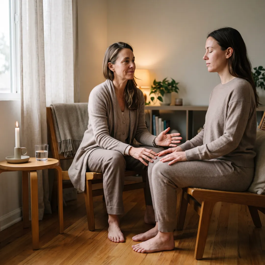 Practitioner guiding a client through grounding