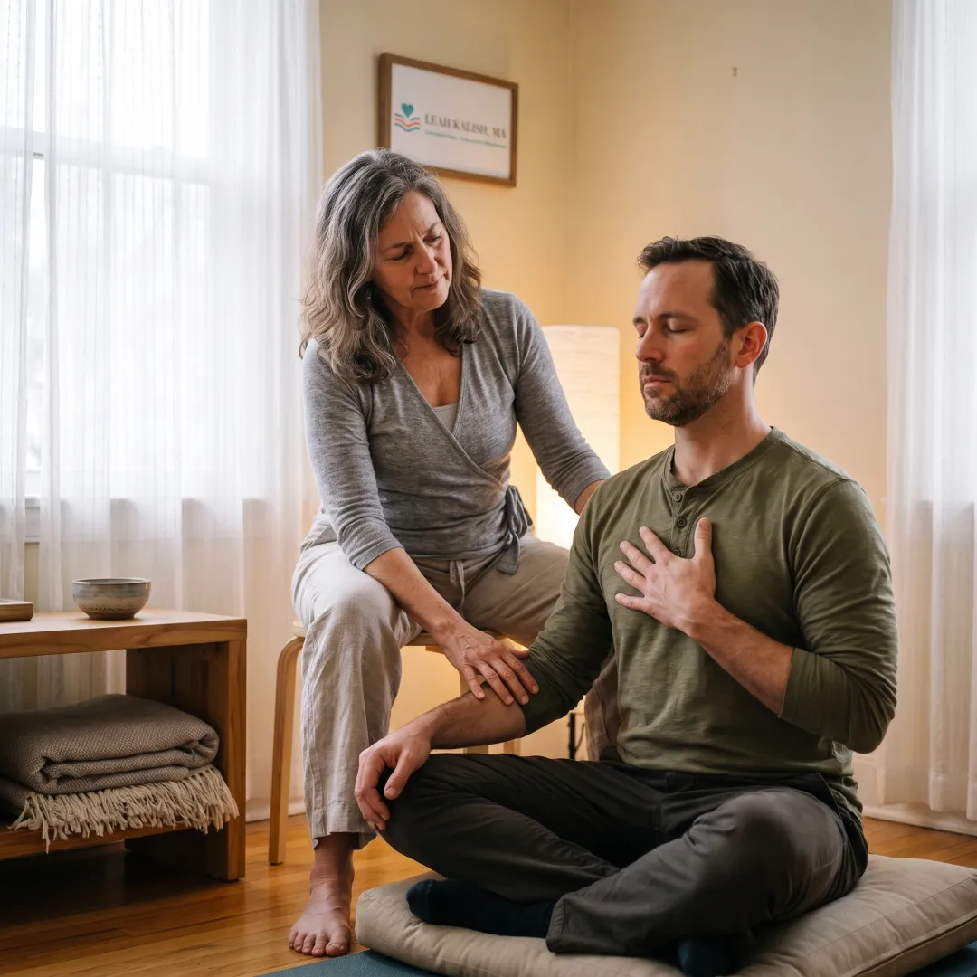 Facilitator supporting a client during a somatic healing practice
