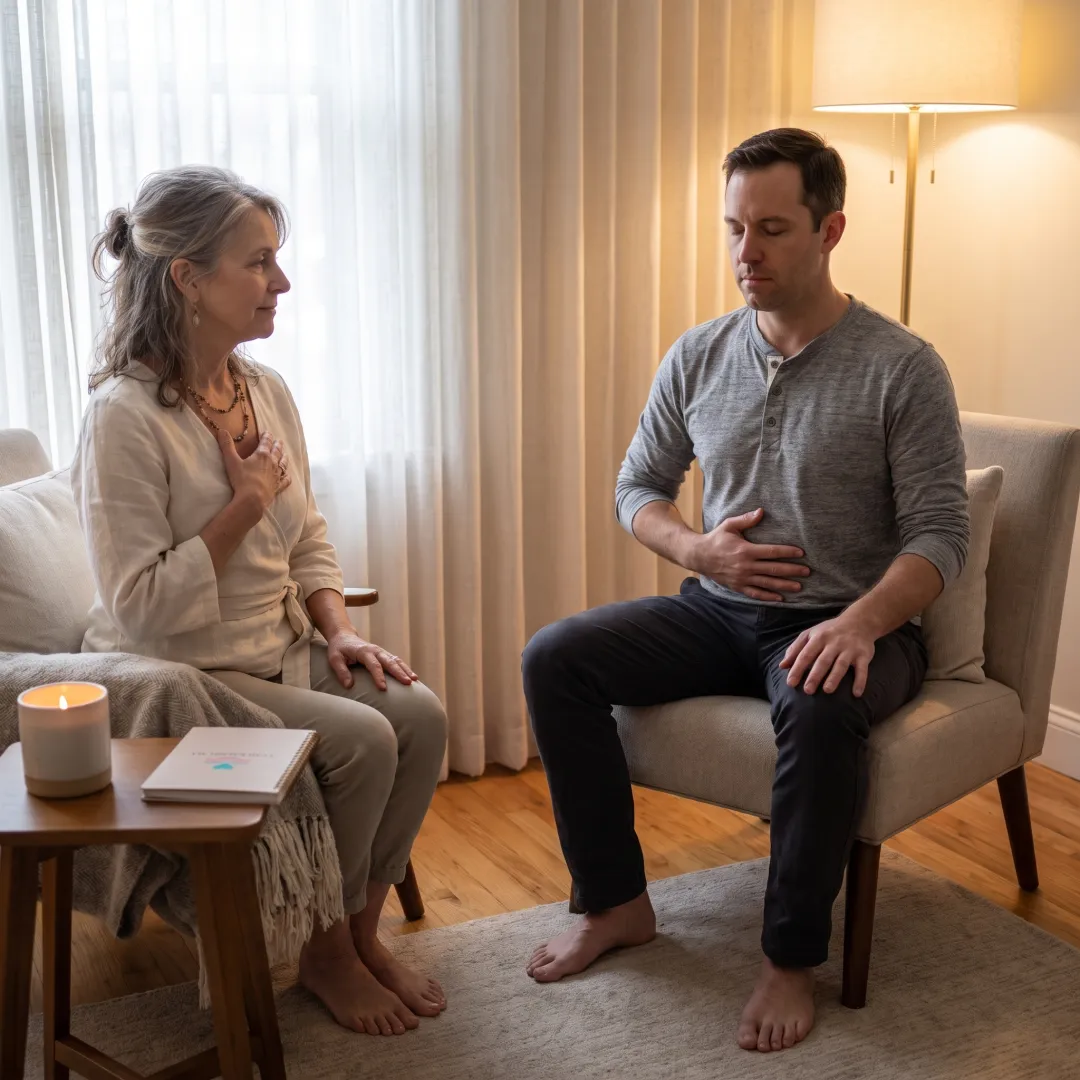 Practitioner offering grounded somatic support to a client