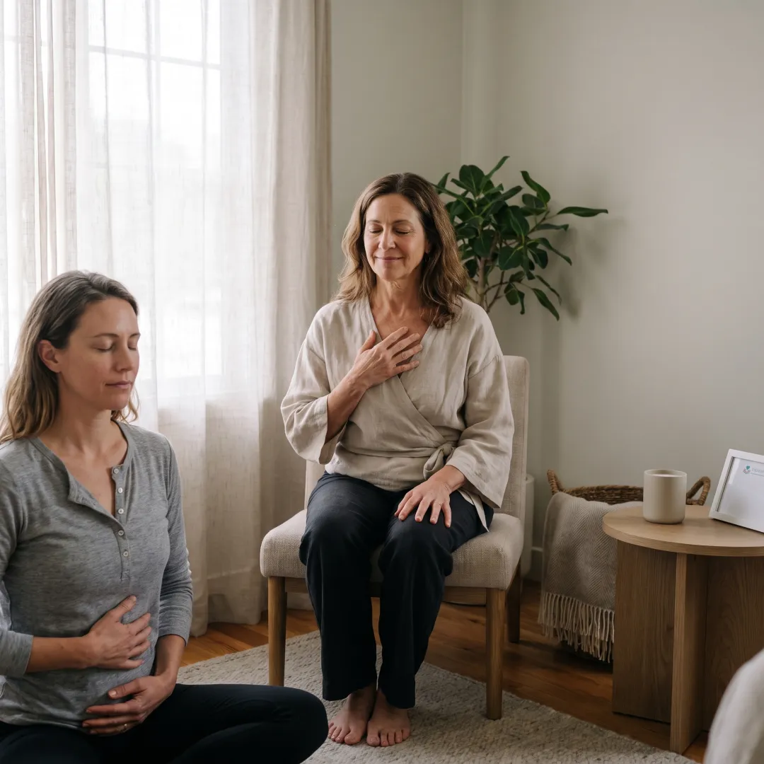 Practitioner supporting a client during a somatic wellness session
