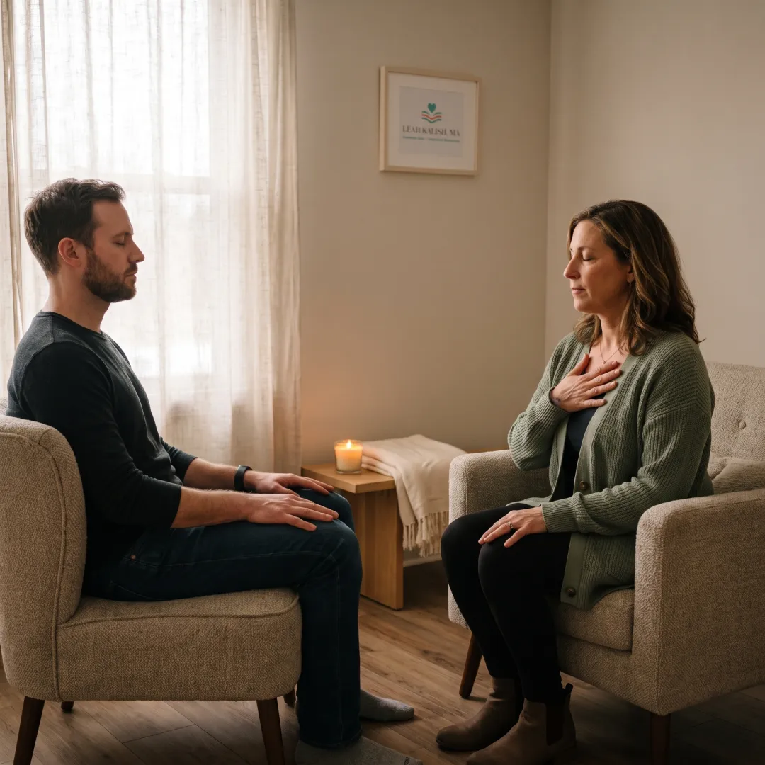 Facilitator guiding a client through mindful body awareness