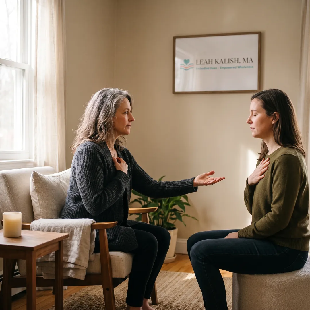 Practitioner guiding a client through somatic awareness