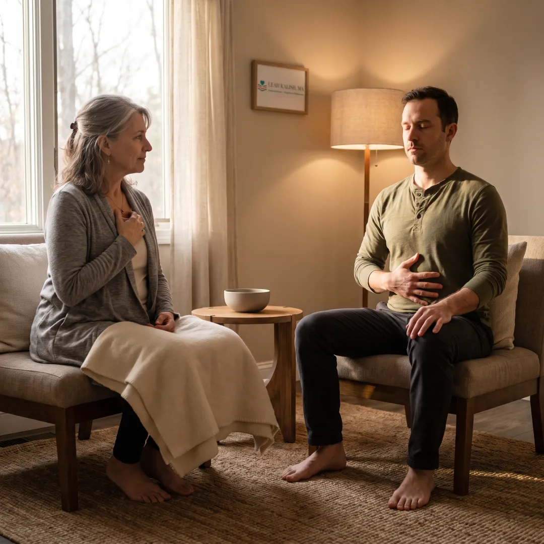 Practitioner guiding a calming body-awareness exercise