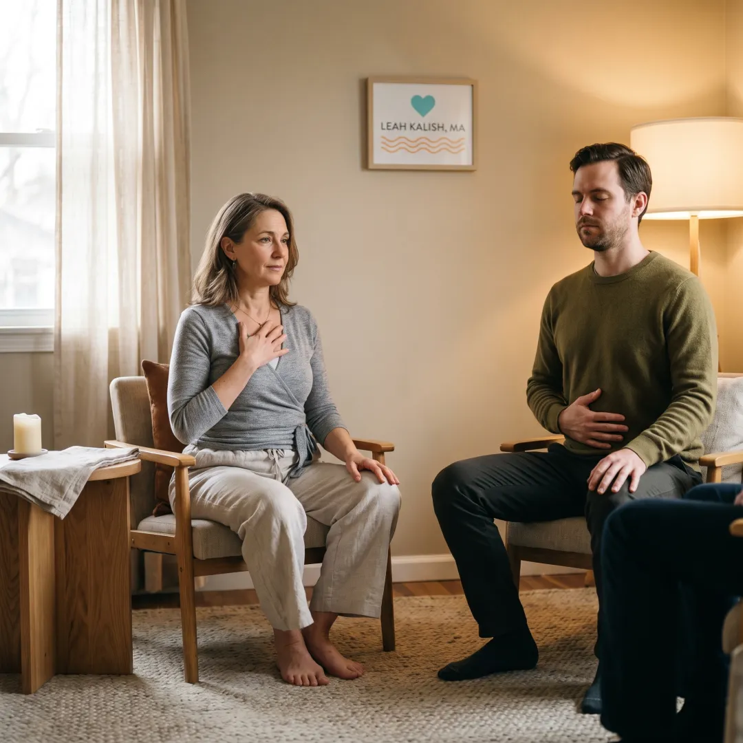 Facilitator supporting a client in a somatic session