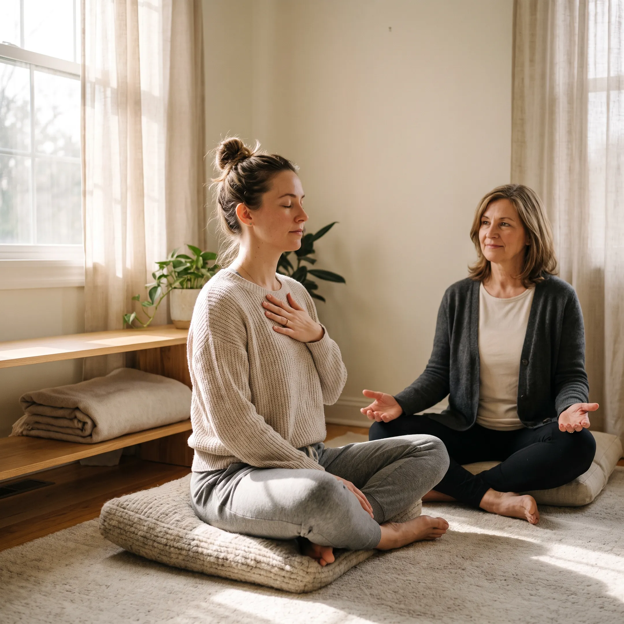 Client practicing grounded somatic awareness with a compassionate facilitator
