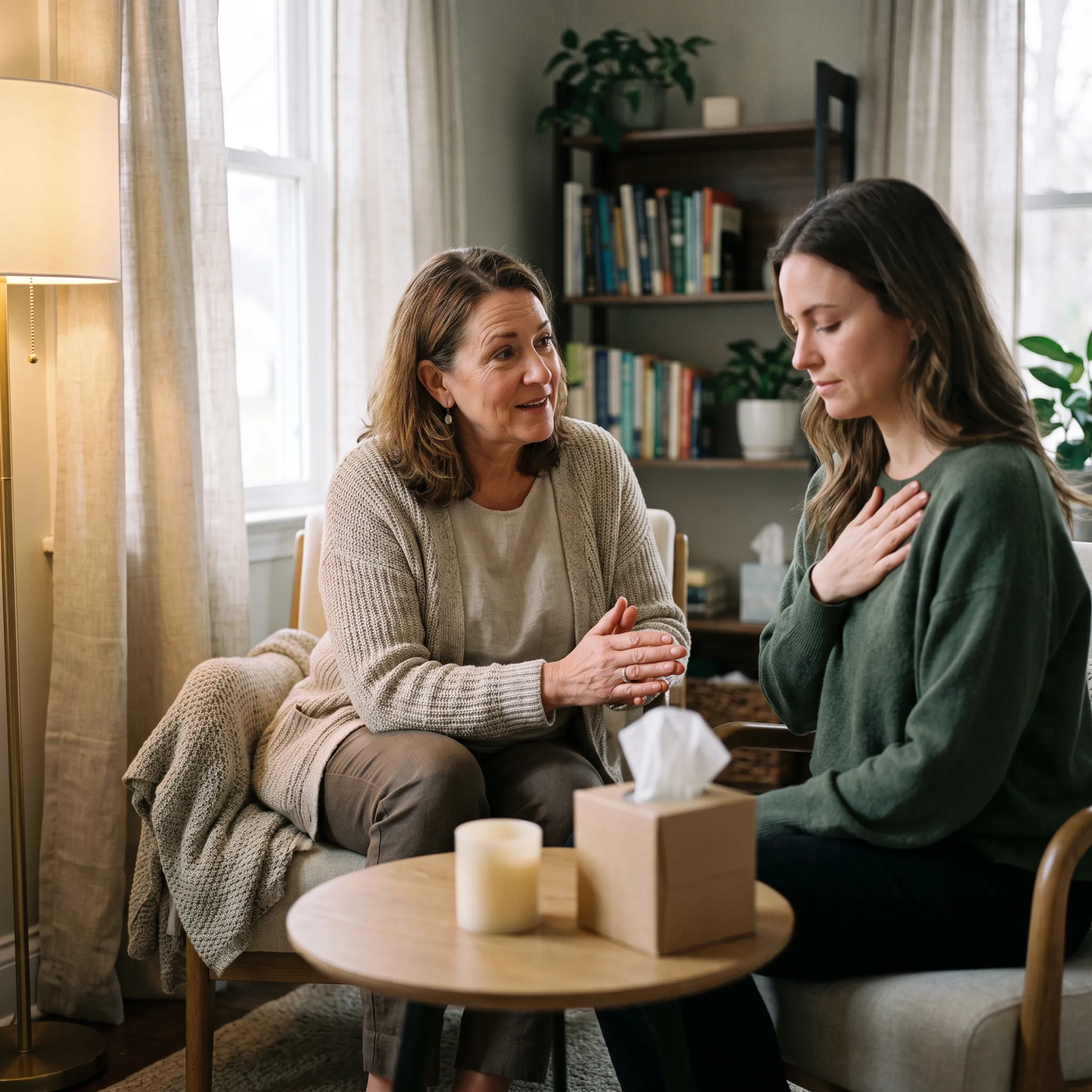 Therapist guiding a client through a reflective somatic therapy session