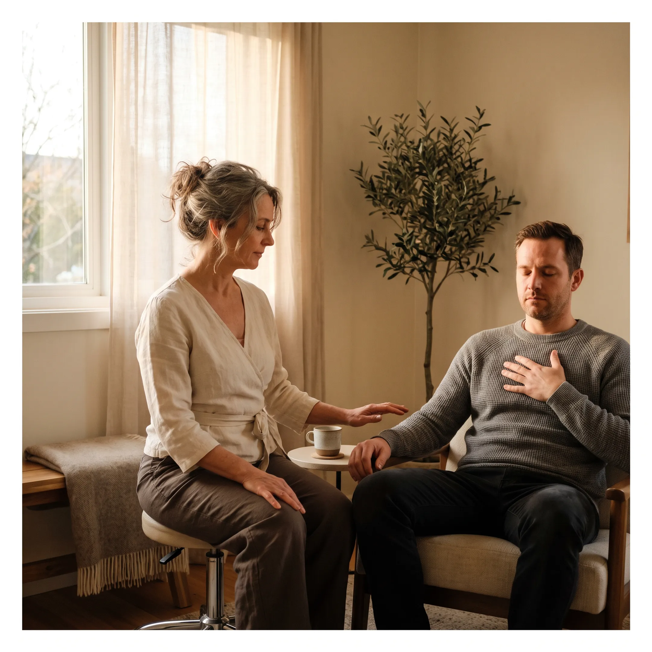 Trauma-informed facilitator supporting embodied healing work