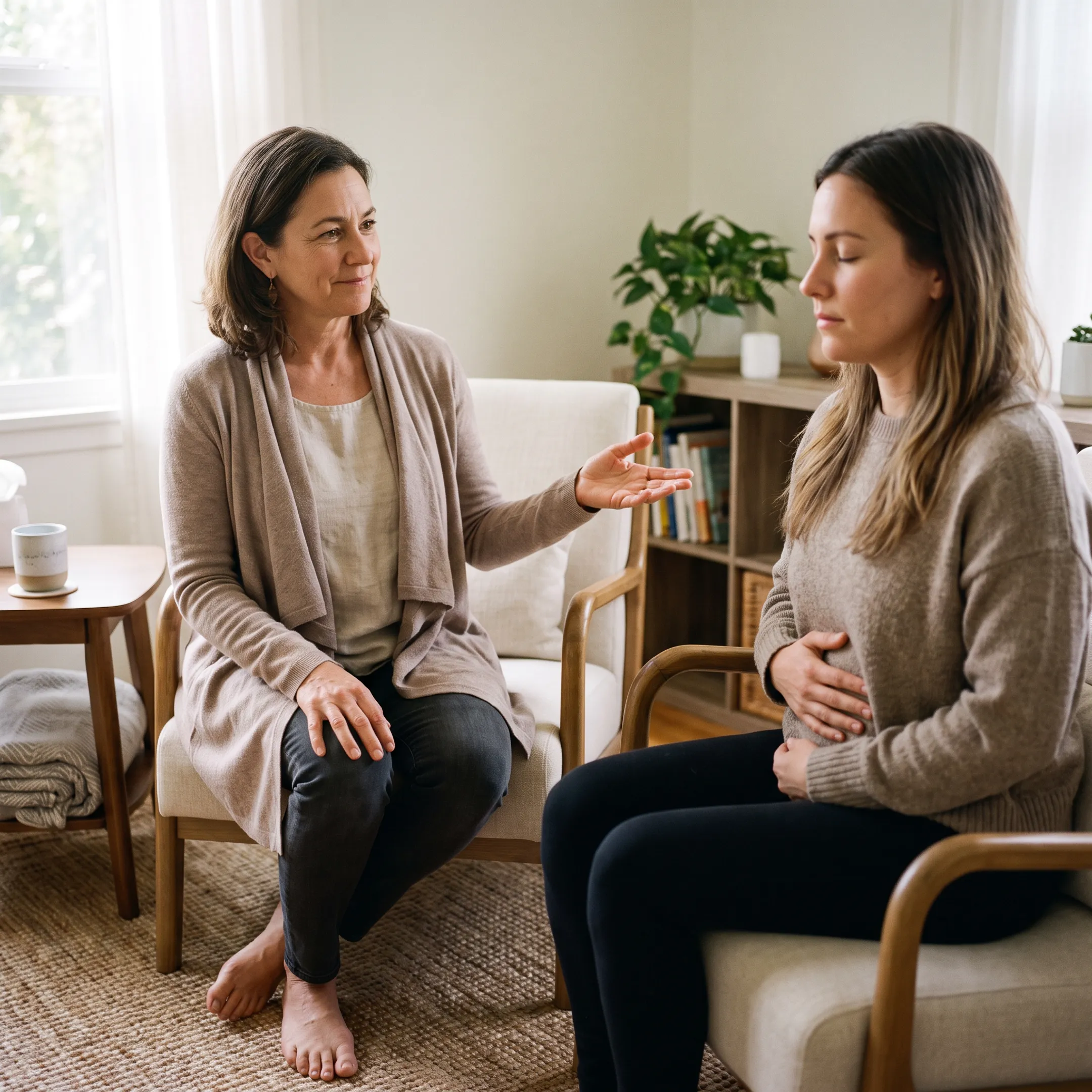 Client and somatic coach exploring grounded emotional awareness