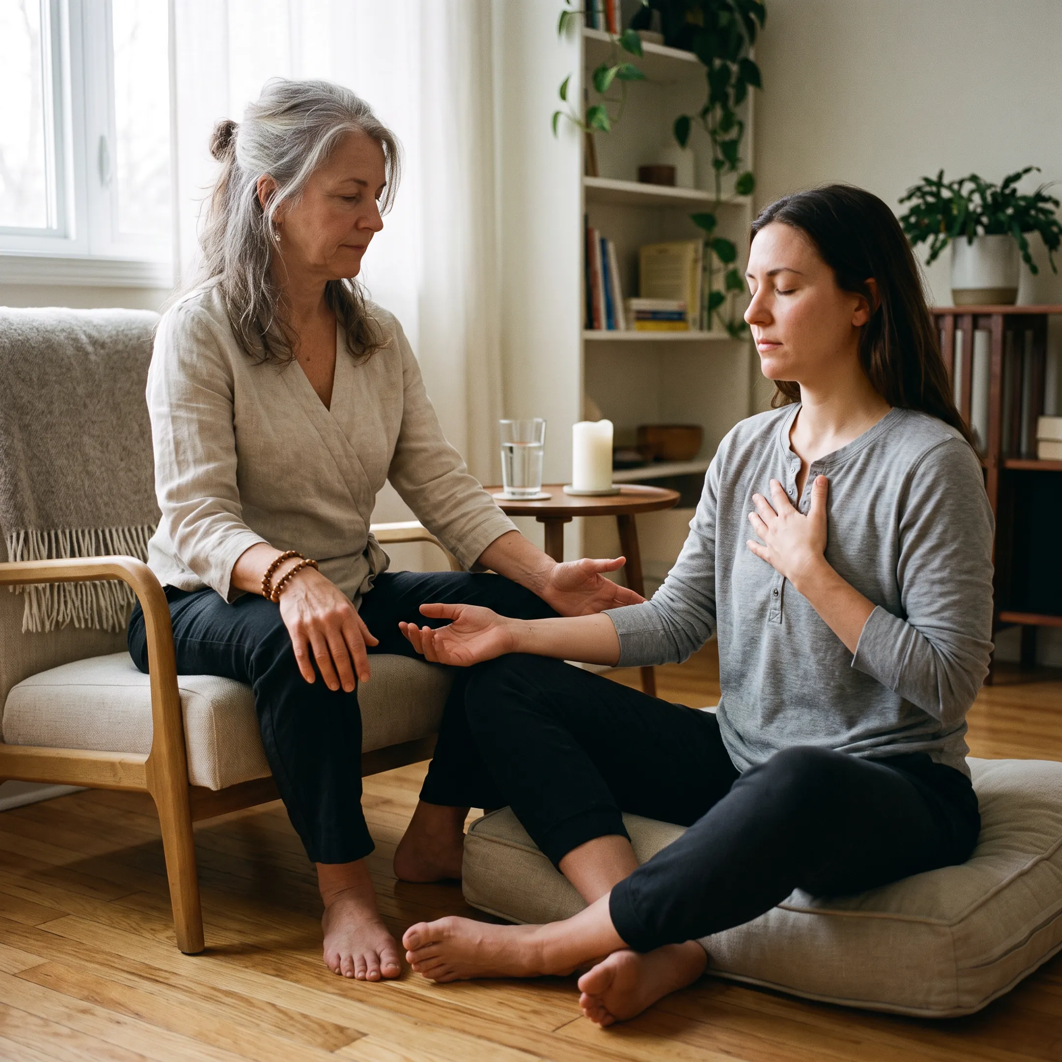 Therapist supporting embodied trauma healing