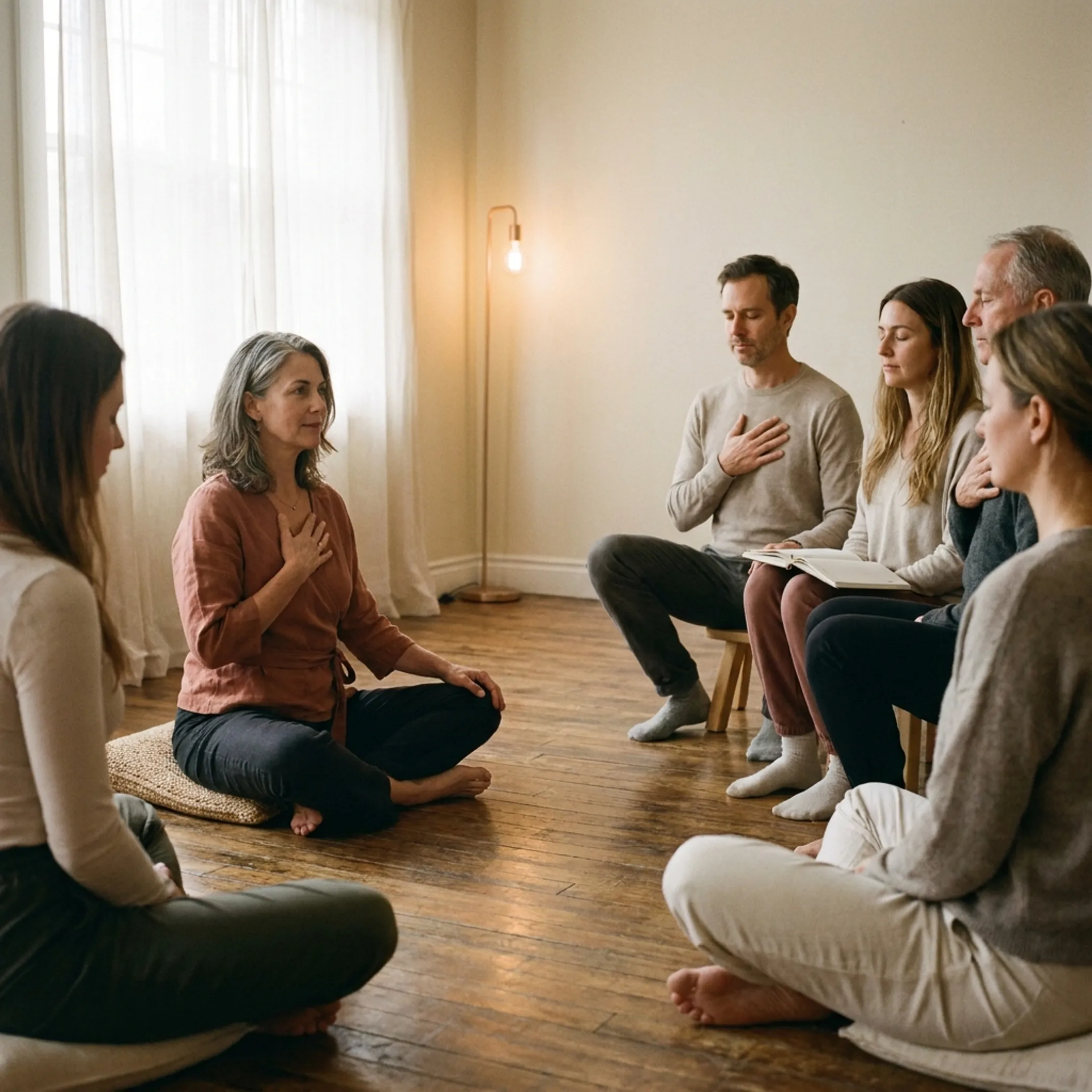 Instructor guiding learners through embodied inherited trauma training