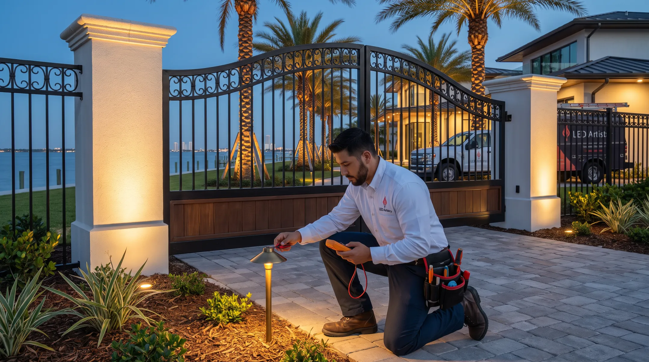 LED Artistry technician performing gate light maintenance inspection