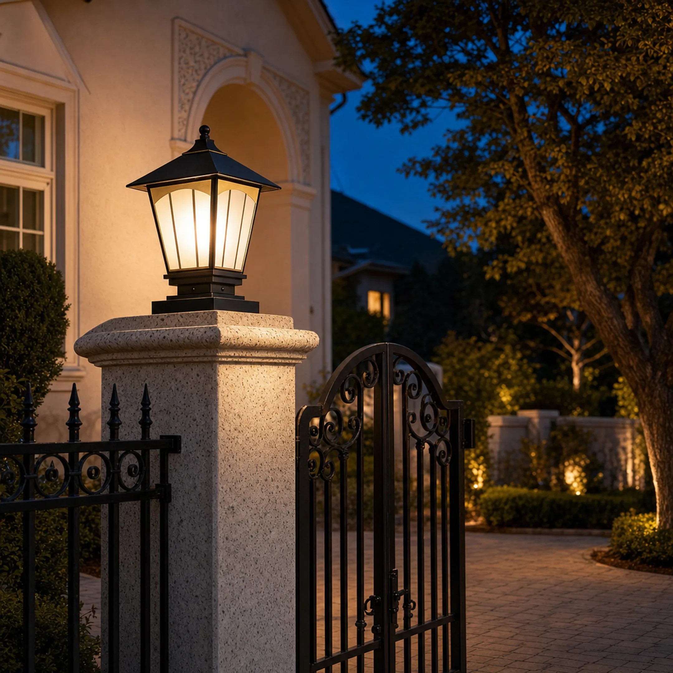 Warm white LED gate pillar lantern fixture illuminated at dusk