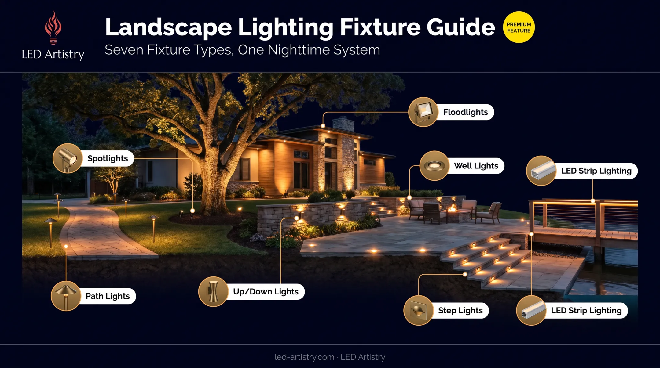 Seven landscape lighting fixture types layered across a residential yard