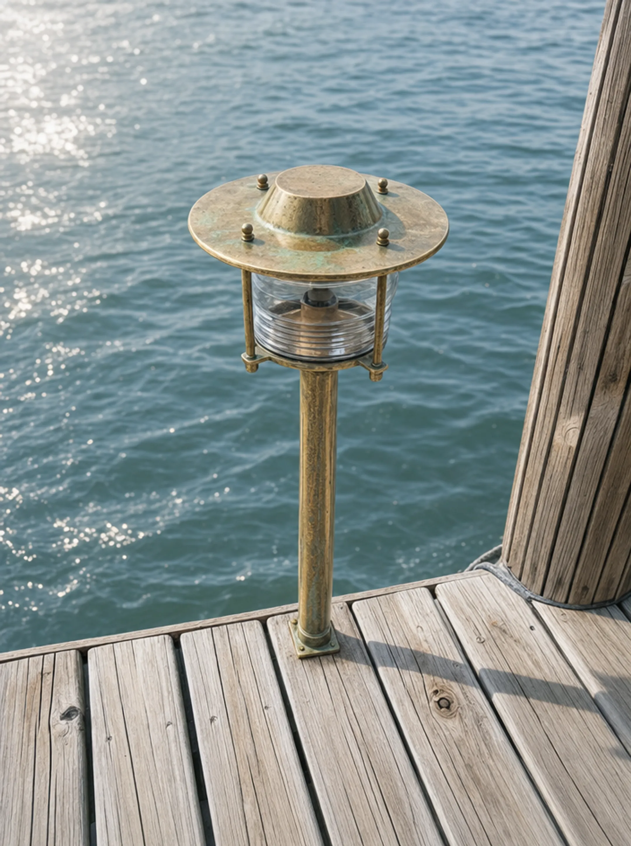 Marine-grade brass landscape light fixture installed near coastal seawall
