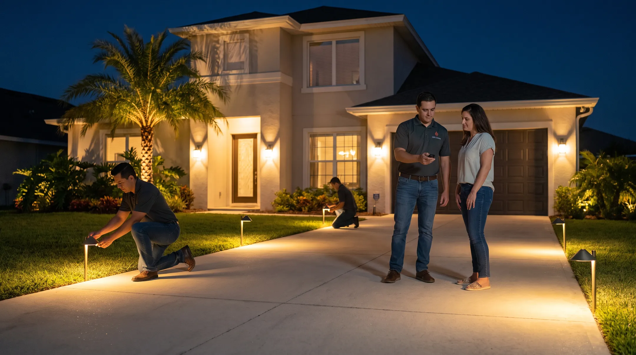 LED Artistry technician demonstrating nighttime driveway lighting design on-site