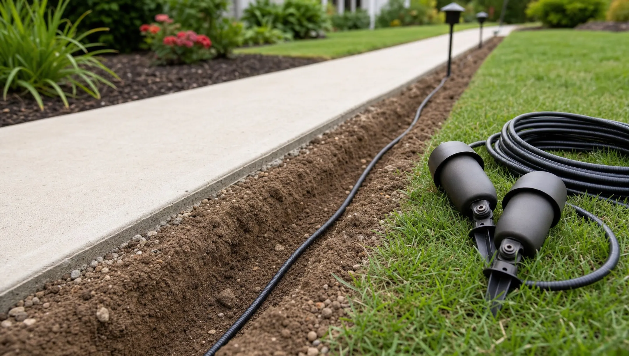Landscape lighting cable trench being dug along garden pathway