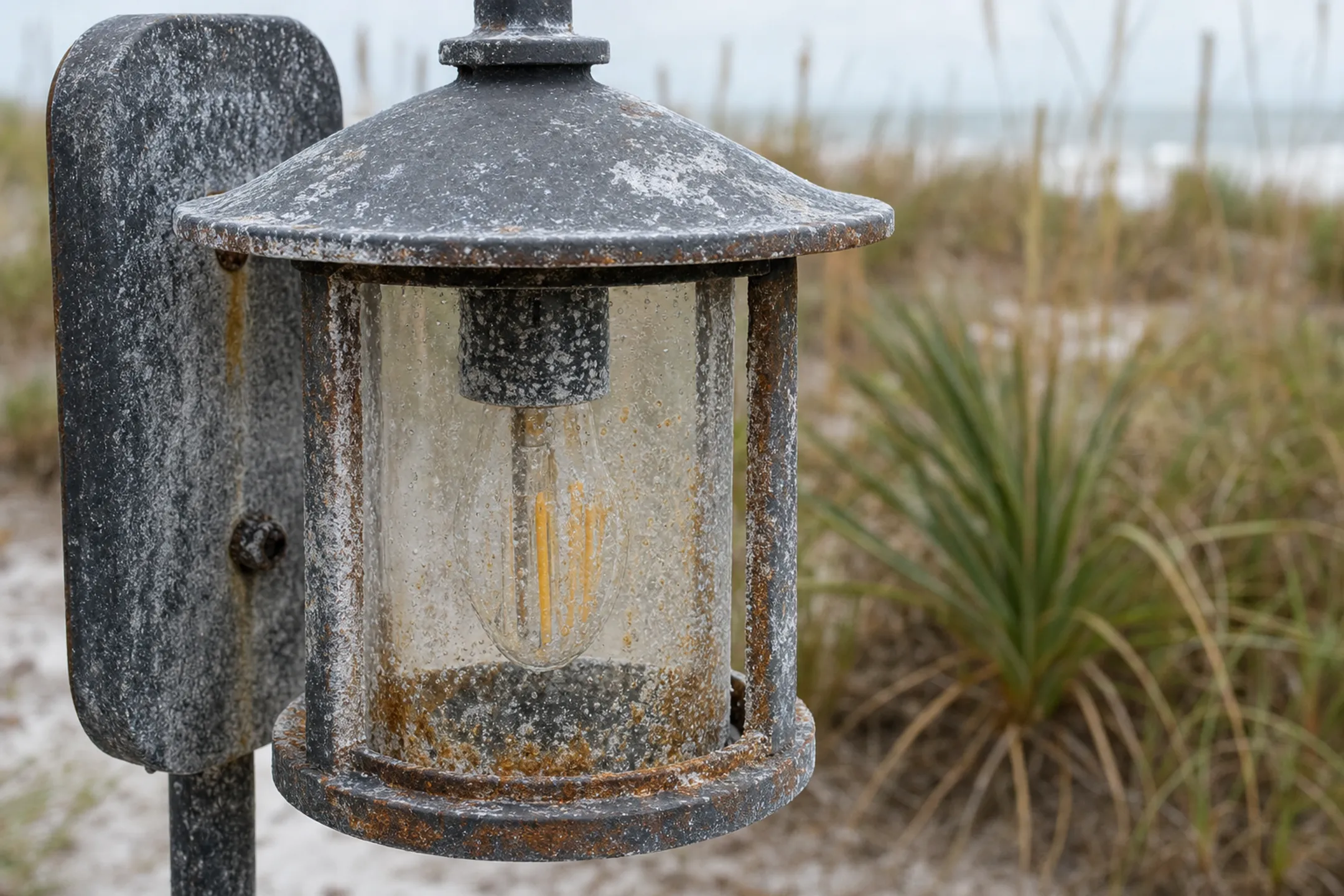 Corroded aluminum outdoor light fixture showing salt-air pitting damage