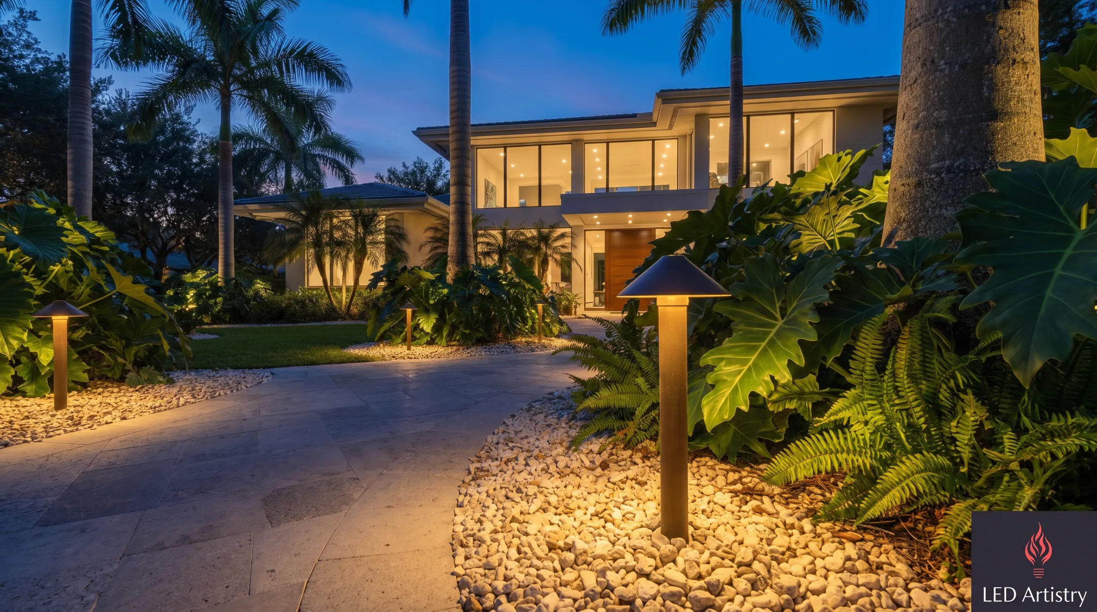 Brass landscape lighting fixture illuminating pathway with warm downward glow