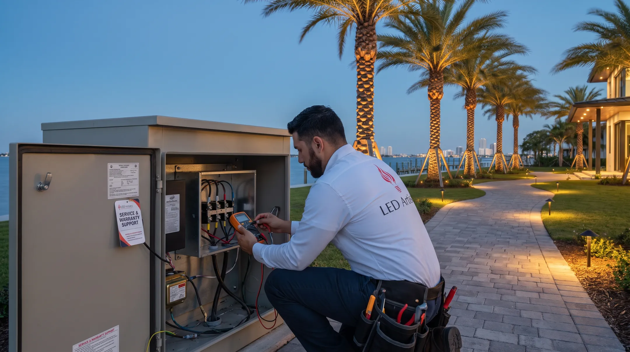 LED Artistry technician servicing coastal outdoor lighting transformer wiring