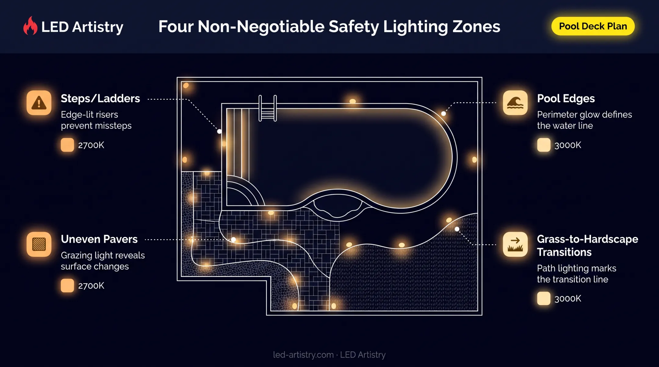 Pool deck safety lighting zones: steps edges and transitions