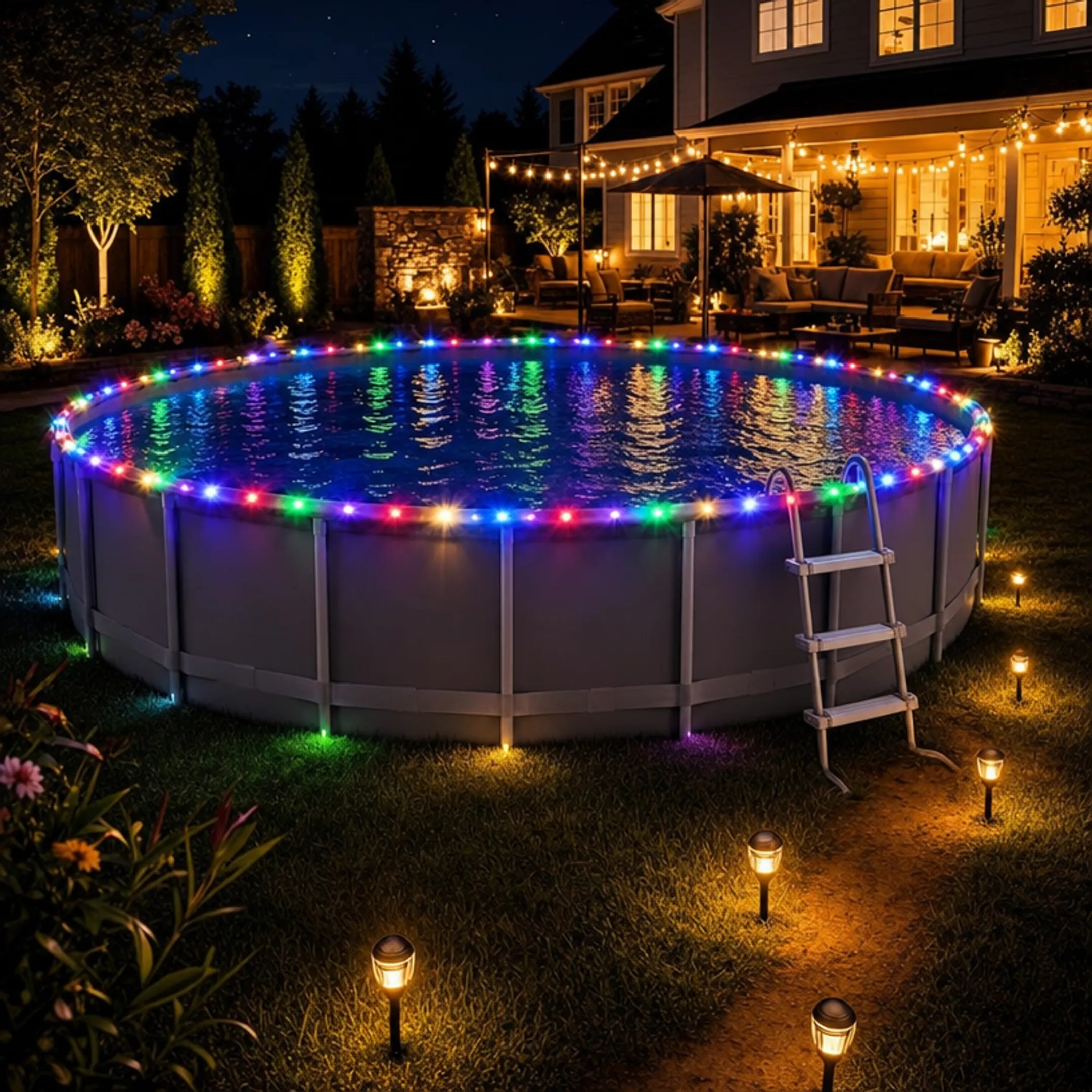 Above-ground pool at night with perimeter path and string lighting