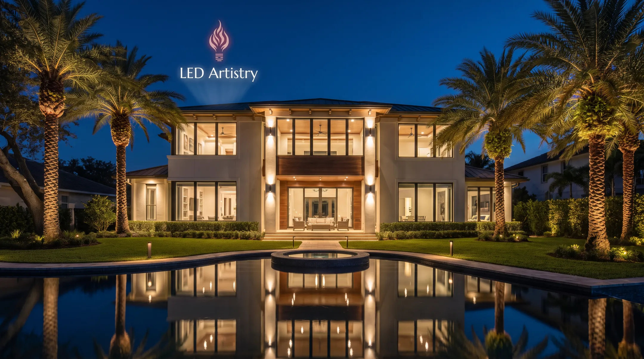Uplighting fixtures illuminating palm trees and stucco entry columns at night