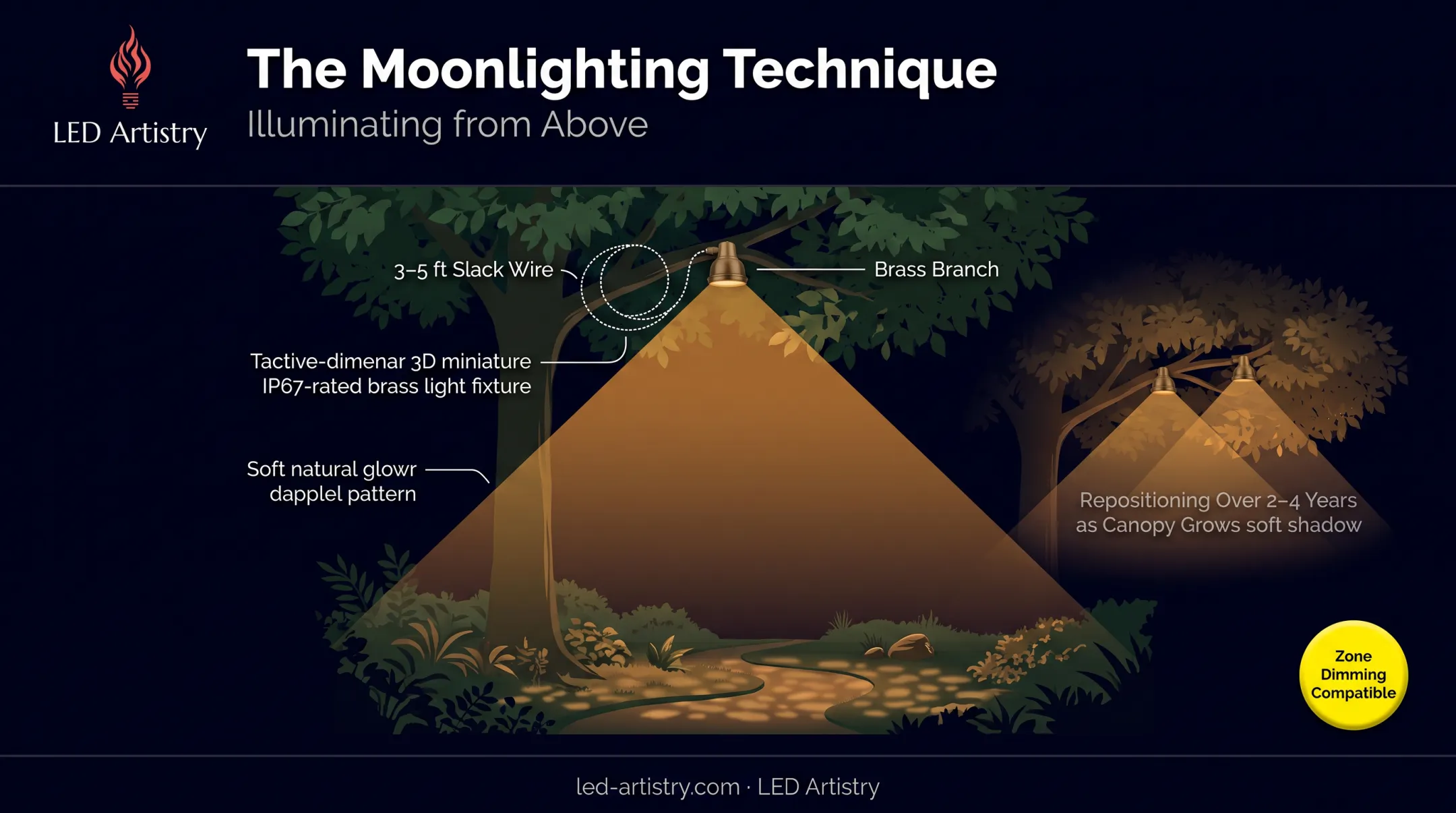 Moonlighting technique diagram showing tree canopy fixture placement and light spread