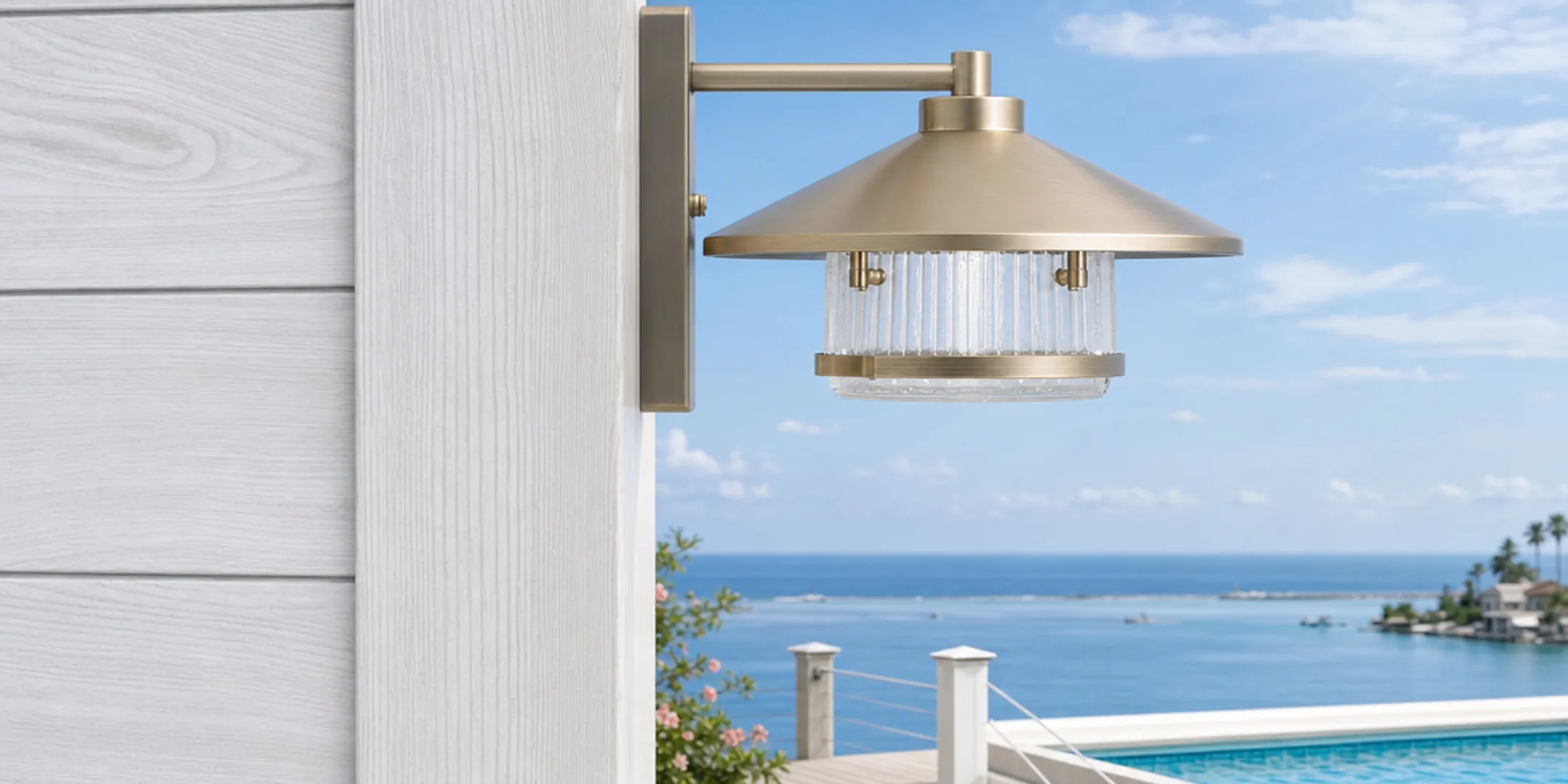Marine-grade outdoor light fixtures installed near coastal pool and dock