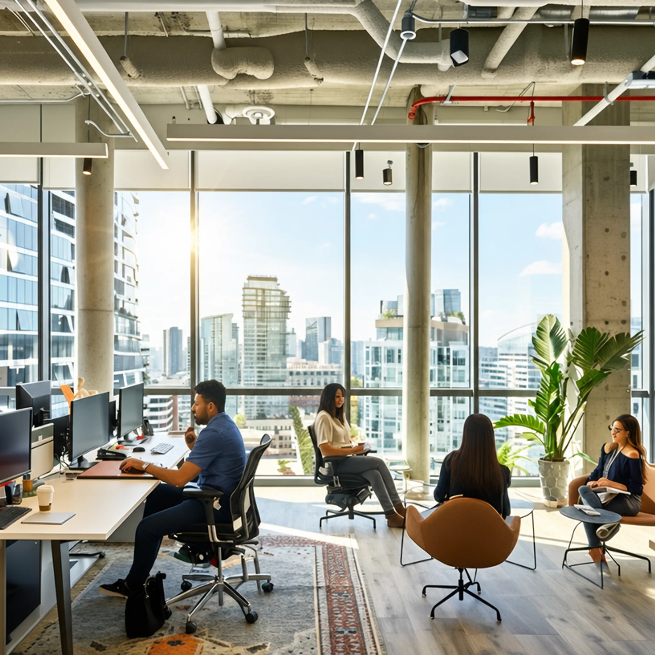 Bright modern office with large windows showing natural daylight exposure