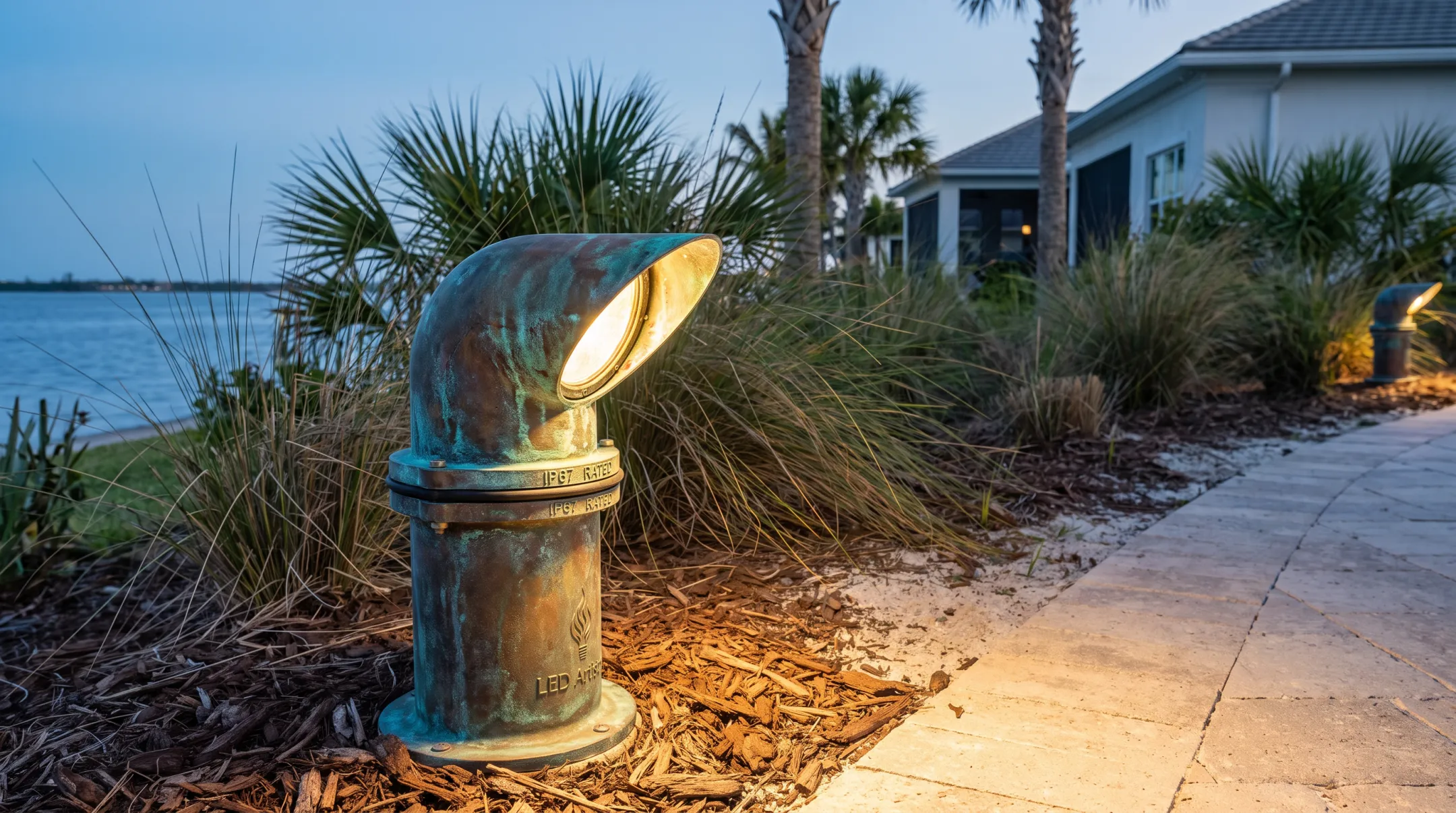 Marine-grade brass landscape light fixture installed in coastal garden setting
