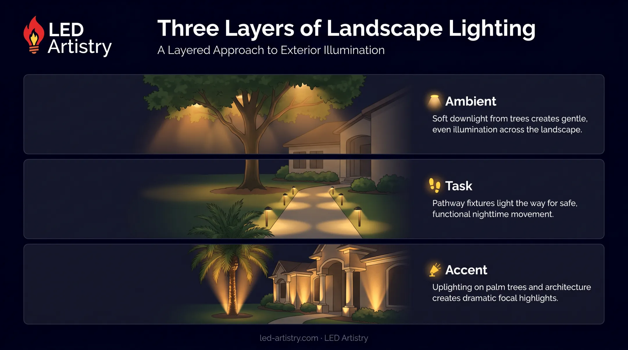 Layered lighting design showing ambient task and accent light layers