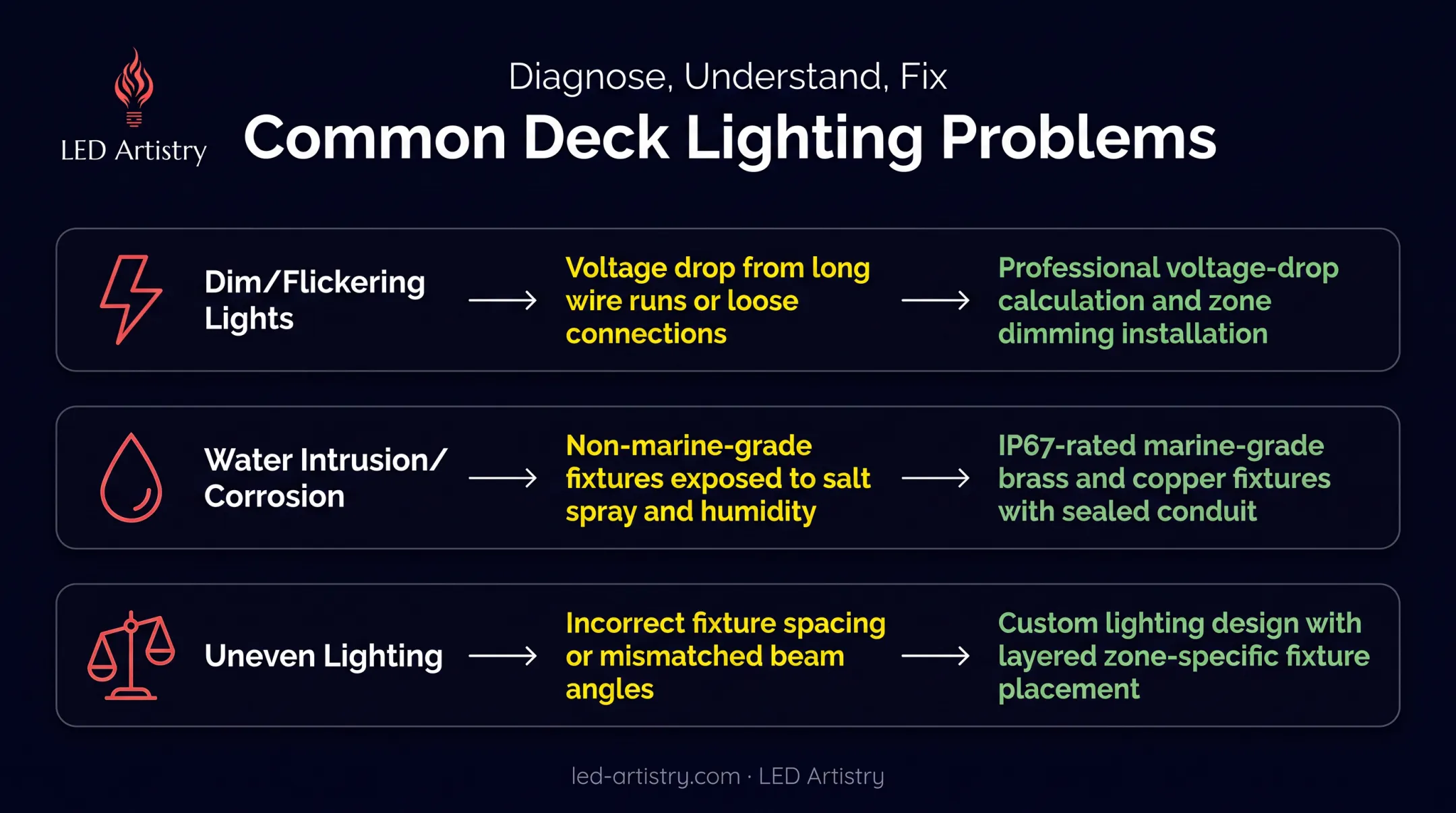 Three common deck lighting problems with causes and fixes summary