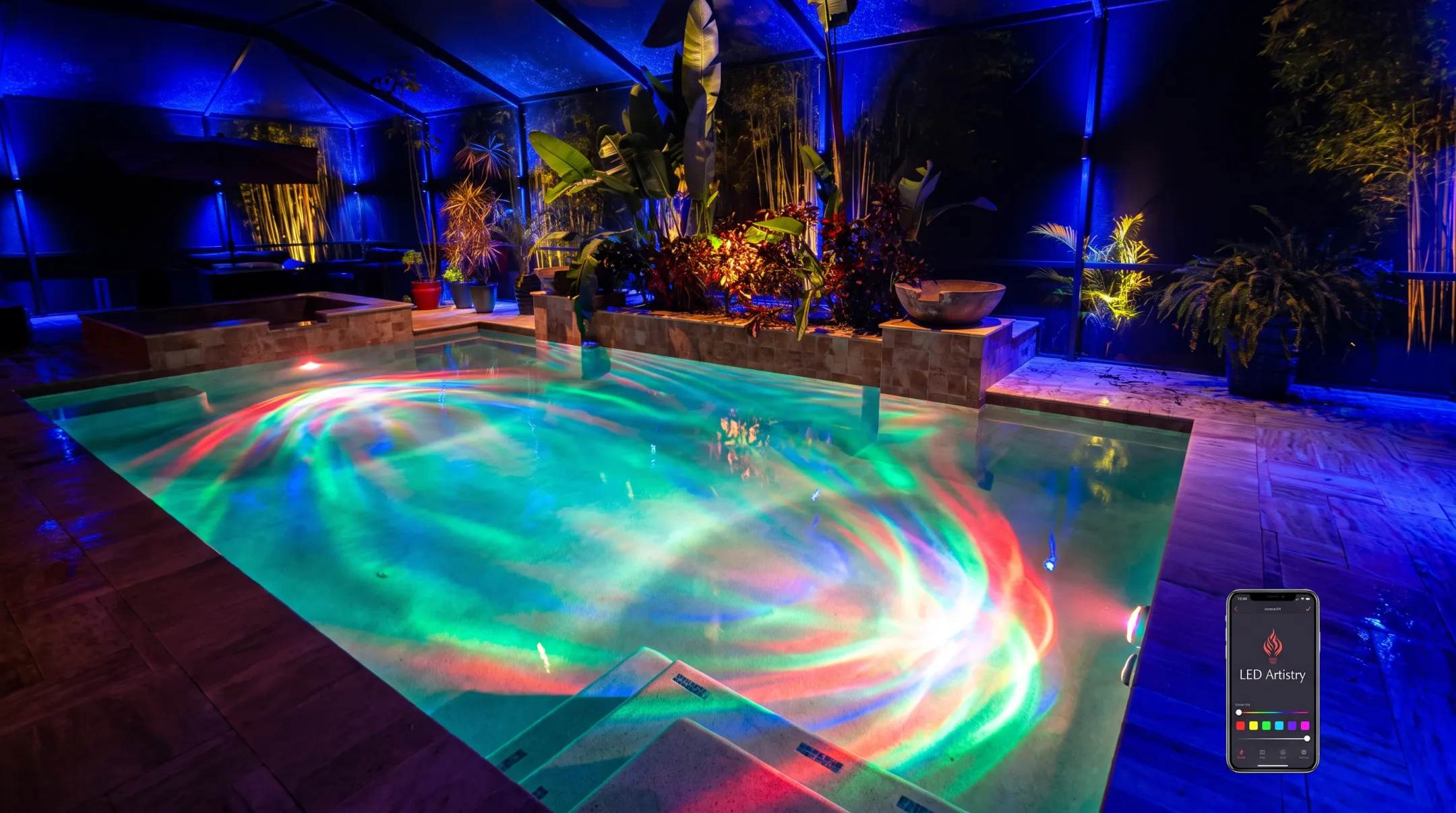 Underwater RGBW pool light glowing with color-changing LED effect