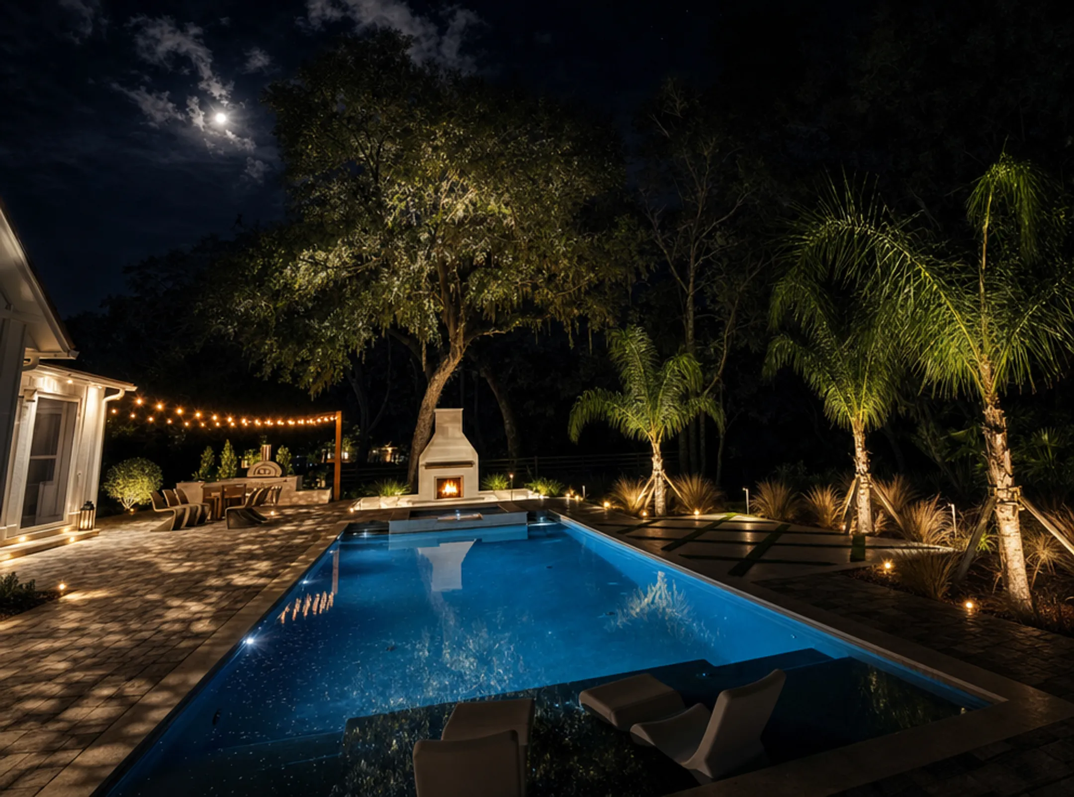 Illuminated pool deck at night with moonlighting uplighting and step lights