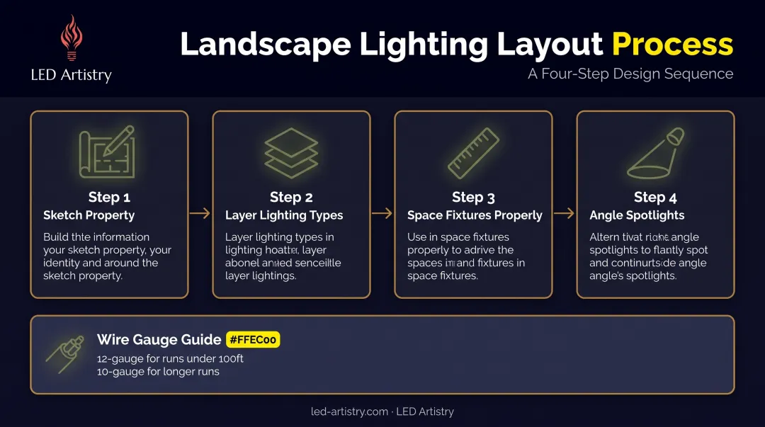 Landscape lighting layout process from sketch to wire gauge selection
