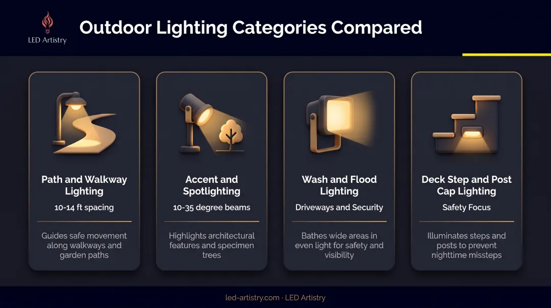 Four common outdoor garden lighting types compared by function and placement